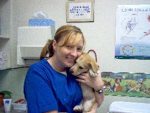 Our Vet Assistant Lyndsay and a puppy resized to 300 pixels wide